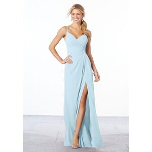 Mori Lee Gown Formal Dress Bridesmaid Slit Maxi Spaghetti Strap Blue‎ 8 NWT